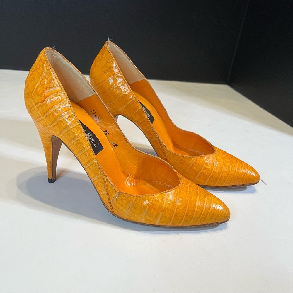 Neiman Marcus Orange Croc Embossed Pointed-Toe Pumps